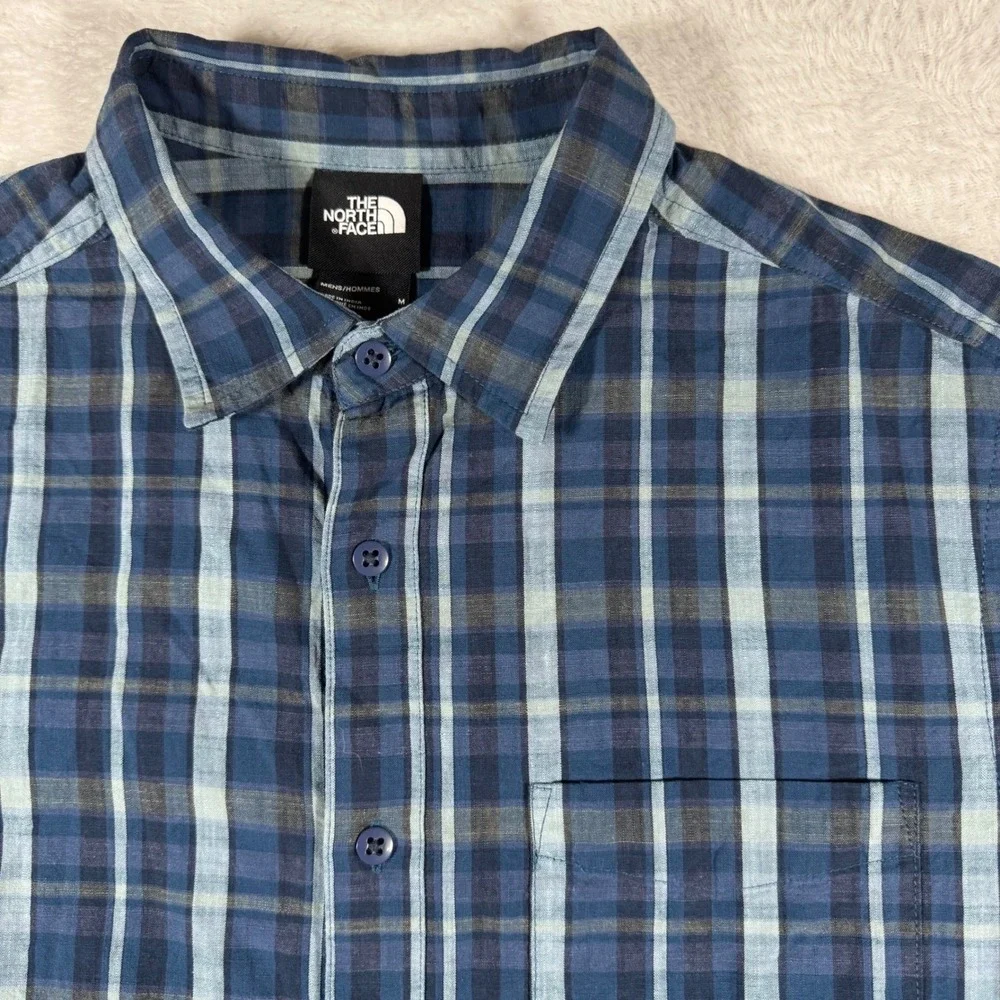The North Face Button Up Shirt Mens M Blue Plaid Short Sleeve‎ Pocket
